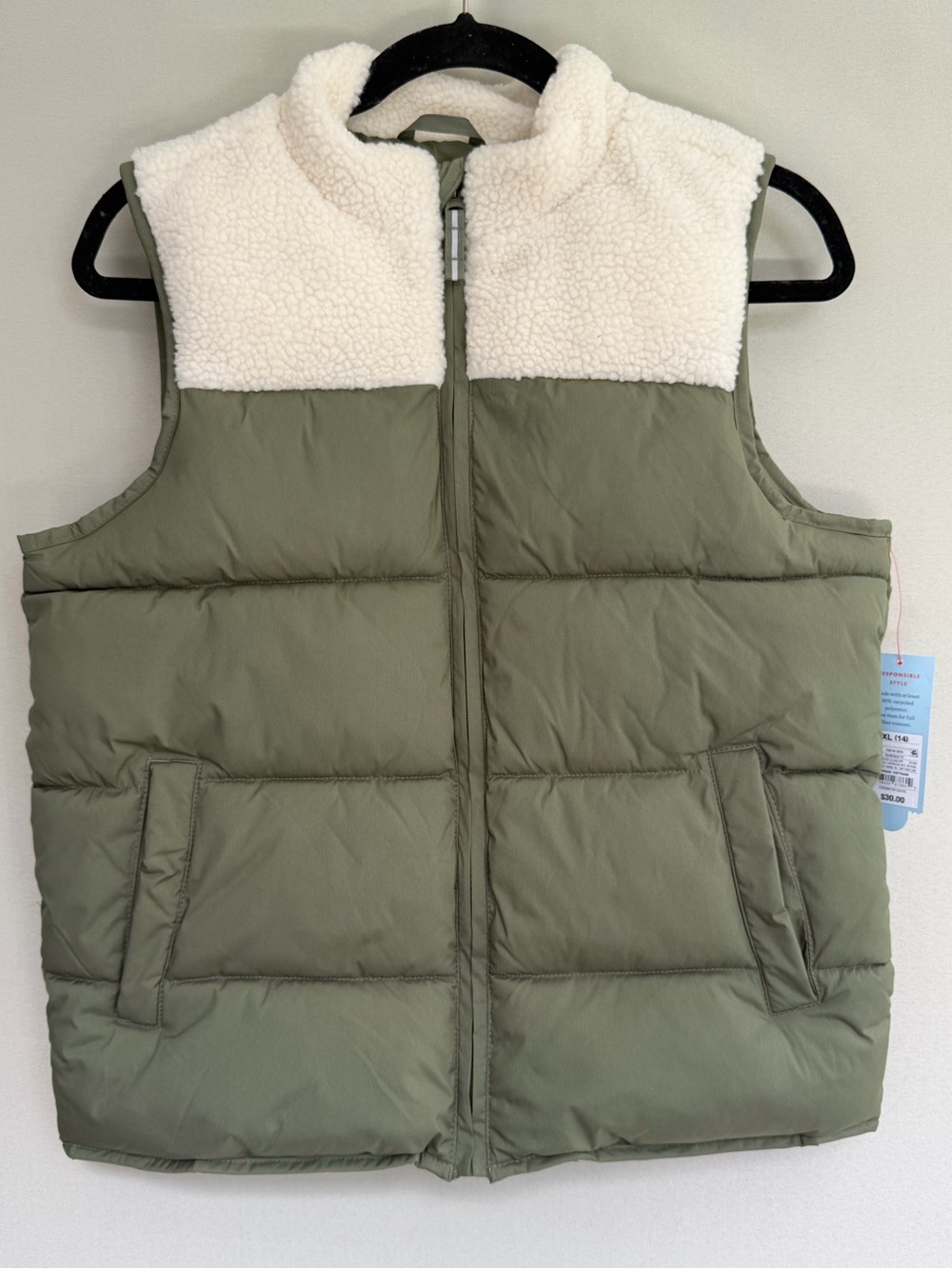 Cat & Jack Olive Green Puffer Vest with White Sherpa Collar